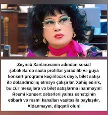 Zeynəb Xanlarovanın adından dələduzluq edildi - FOTO Zeynəb Xanlarovanın adından dələduzluq edildi - FOTO