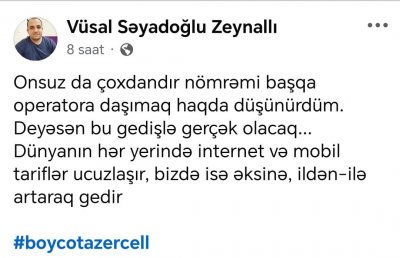 “Azercell”in yeni qərarına qarşı haştaq yaradıldı