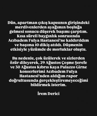 İrem Derici xəstəxanalıq oldu – Başına 10 tikiş qoyuldu, konsertləri ləğv edildi