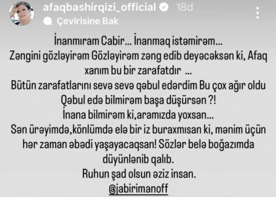 Afaq Bəşirqızı Cabir İmanovdan yazdı - "İnanmaq istəmirəm"